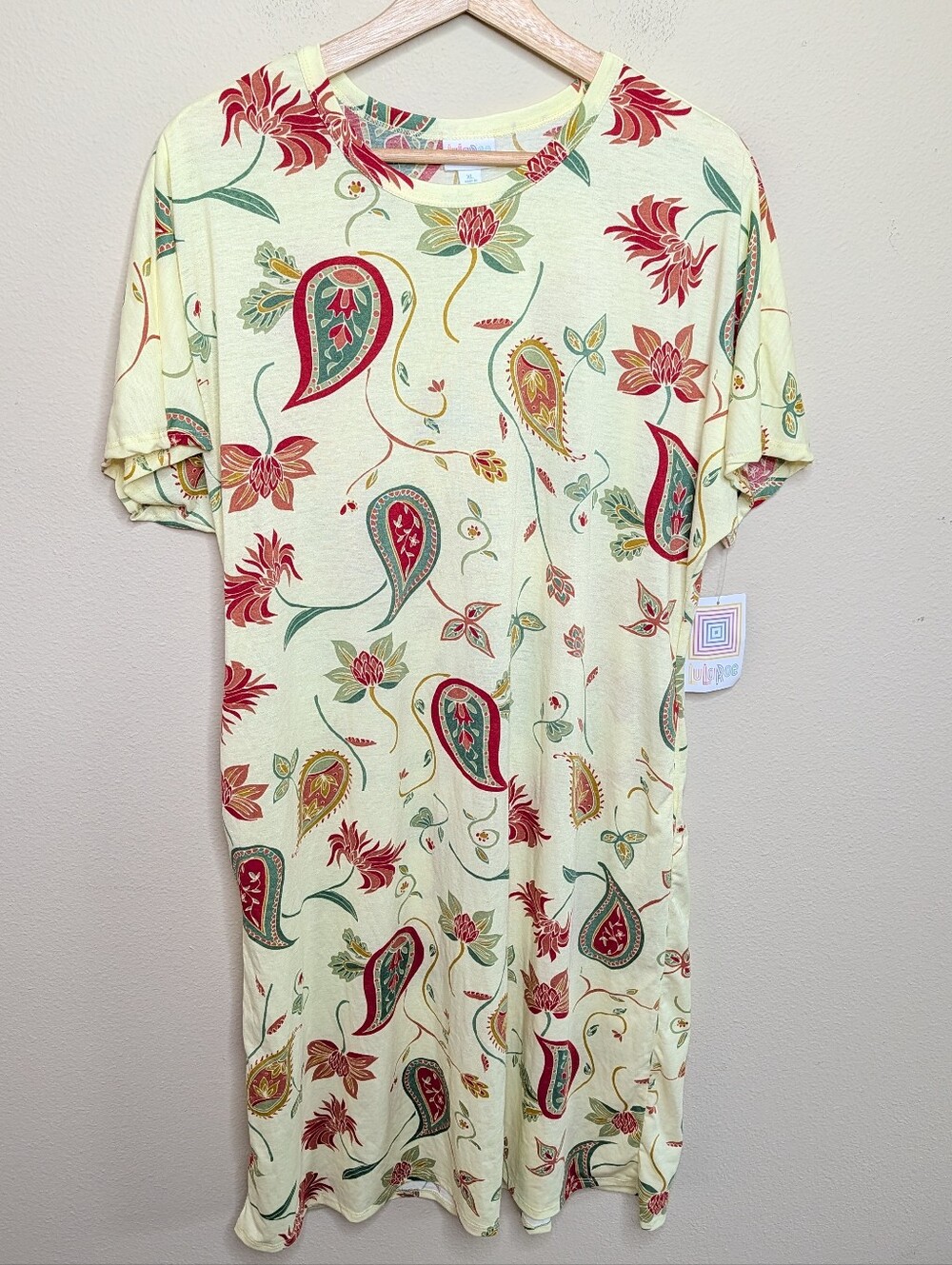NWT LuLaRoe Marly Yellow Paisley Floral T-Shirt Dress - XL